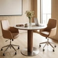 thumbnail image 5 of Finmind 31.5-inch Round Conference Table for 2-4, Small Wood Meeting Table with Thickened Sintered Stone Top and Stainless Steel Base, White & Walnut, 5 of 8
