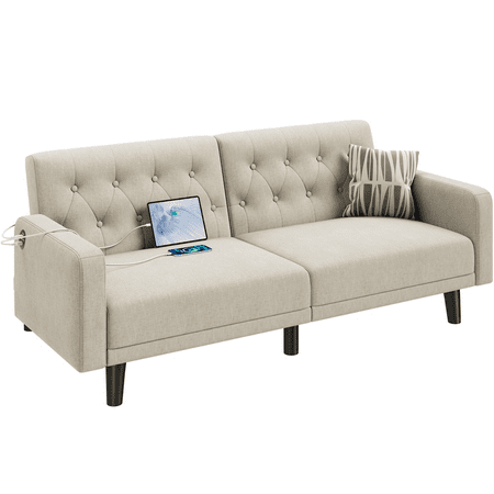 Renwick 63in Convertible Futon Sofa Bed with USB Ports, Beige