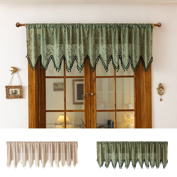 FEOLGEHLY 1PC Boho Tassel Semi Sheer Valance for Windows, Farmhouse Country Embroidered Leaf Fringe Short Curtains, Light Filtering Easy Install, for Kitchen Bedroom Bathroom Cafe, 55x24 in (Green)