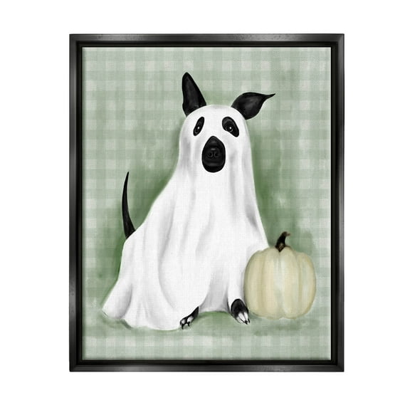 Stupell Industries Dog Ghost Halloween Costume Graphic Art Jet Black Floating Framed Canvas Print Wall Art, Design by Lil' Rue