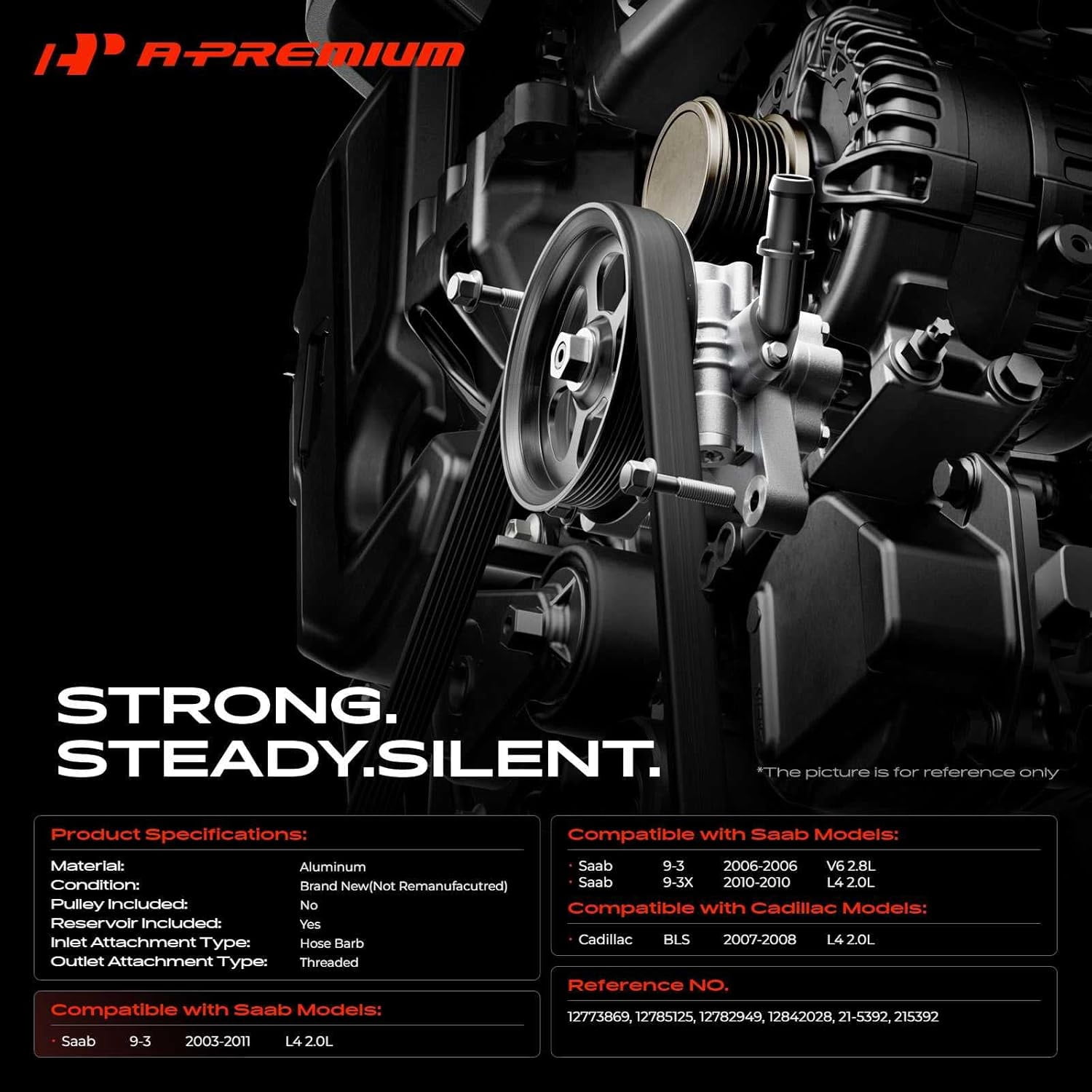 A-Premium Power Steering Pump, with Reservoir, Compatible with Cadillac BLS 2007-2008, Saab 9-3 2003-2011, 9-3X 2010, 2.0L 2.8L, Replace # 21-5392, 12782949
