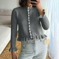 thumbnail image 3 of APEXFWDT Women's Ruffled Trim Knit Cardigan Button-Up Crew Neck Sweater Long Sleeve Feminine Casual Outerwear,S,Dark Gray, 3 of 9