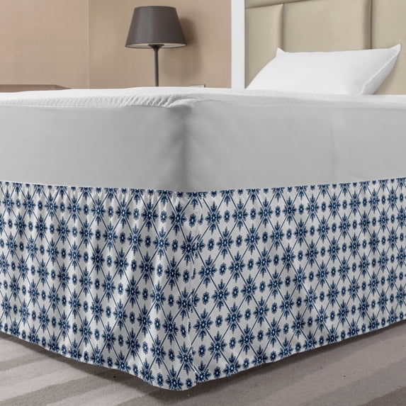 Dutch Bed Skirt, Blooming Floral Pattern Rhombus Design Historical Delft Print, Elastic Bedskirt Dust Ruffle Wrap Around for Bedding Decor, 4 Sizes, Dark Blue and White, by Ambesonne