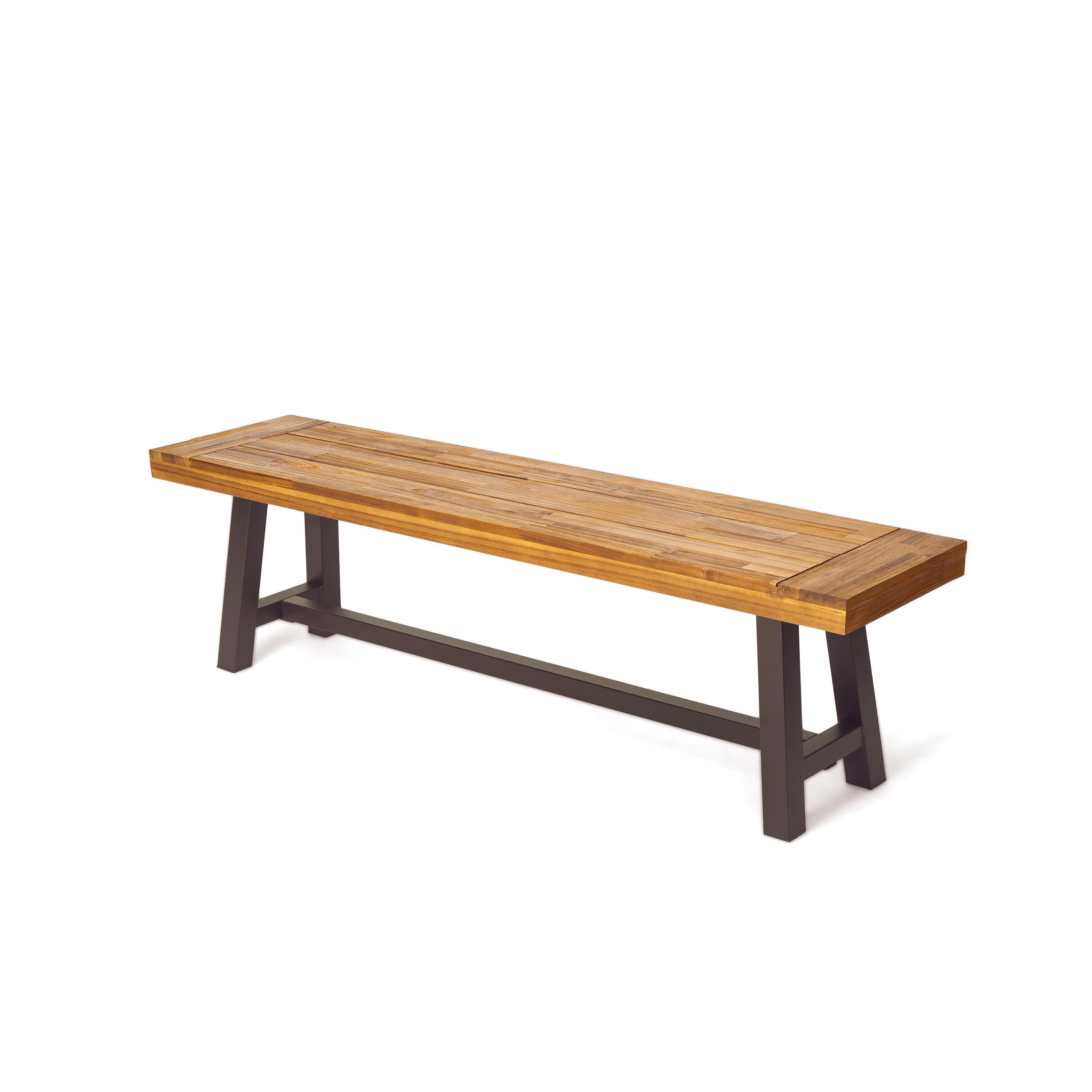 Outdoor Solid Wood Leisure Bench Set of 2, Sandblast Finished Acacia Wood Rest Seats for Patio Garden, Sandblasted Brown and Rustic Metal