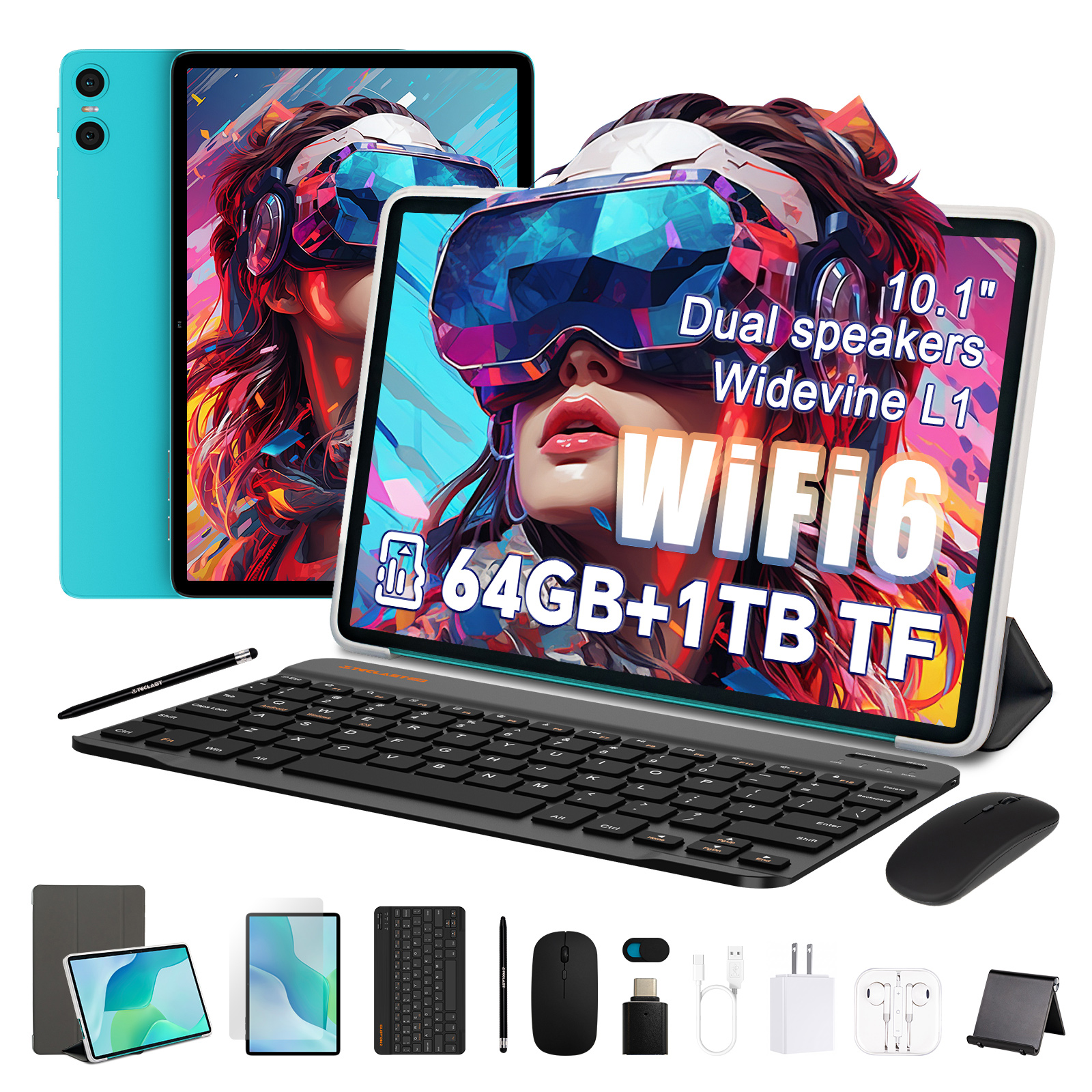 Android Tablets 10.1 Inch, TECLAST Android Tablets with Keyboard, 9GB+64GB+1TB Expand, 1280x800 IPS, 6000mAh, WiFi6, Bluetooth 5.4, Widevine L1, Tablet with 10 Accessories