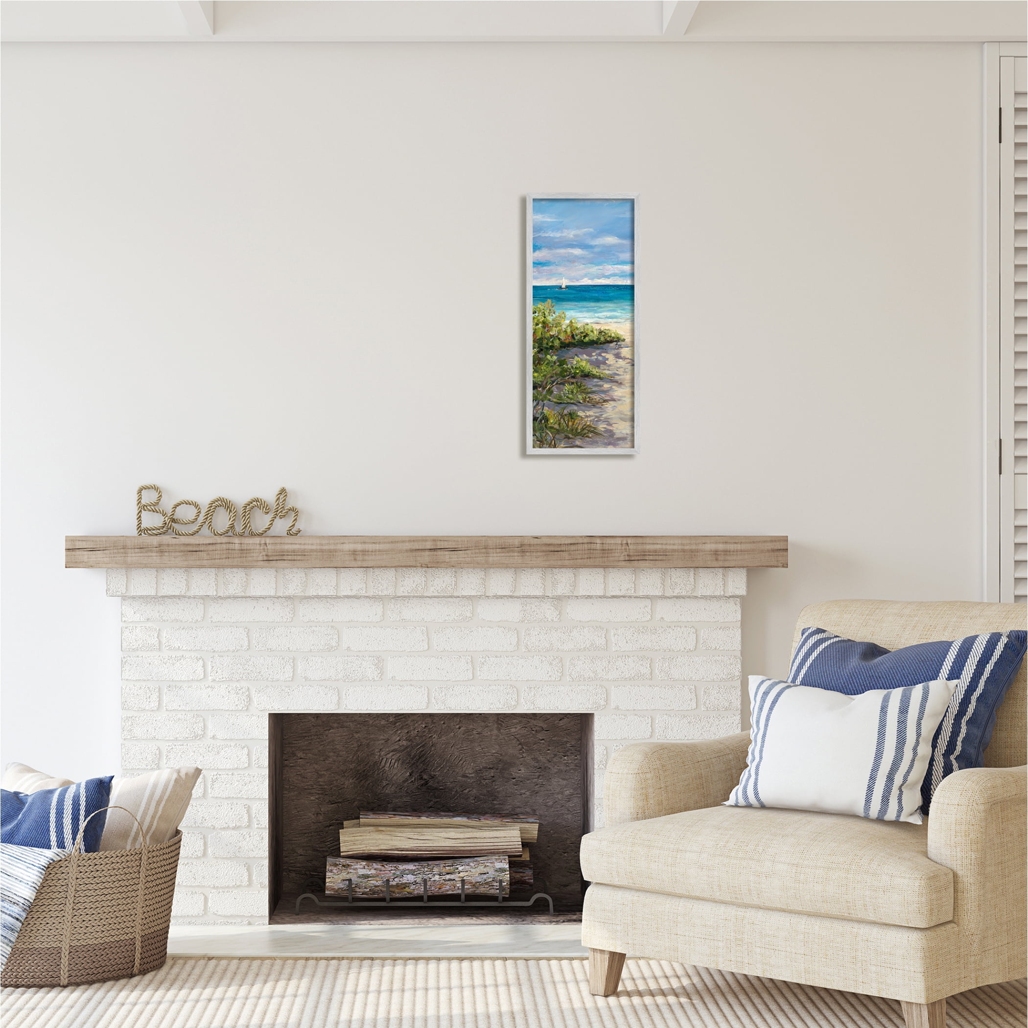 Stupell Industries Grassy Beach Shore Nature Painting Gray Framed Art Print Wall Art, 10 x 24