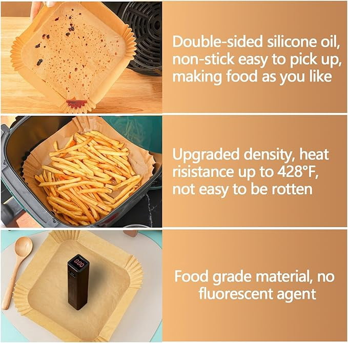 9 Inch Air Fryer Paper Liner Disposable, 200PCS Non-Stick, Oil-Proof & High-Temperature Resistant Square Baking Parchment for Fryer, Microwave and Oven（Bottom Is 8 Inch）