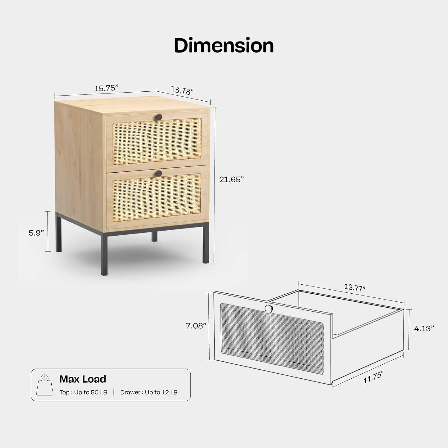 Brafabhome Rattan Nightstands with 2 Drawers, Modern Bedside Table with Large Storage for Bedroom, Accent Sofa End Tables for Living Room, Set of 2 | Nature