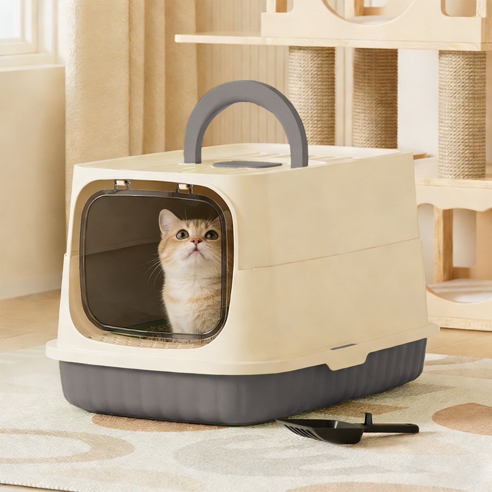 Yhmxh Cat Litter Box with Front Door Flap, Fully Enclosed Litter Box with Handle, Kitty Litter Boxes with Litter Shovel, Splashly-proof Covered Kitty Litter Box, Non-Sticky, Easy Cleaning