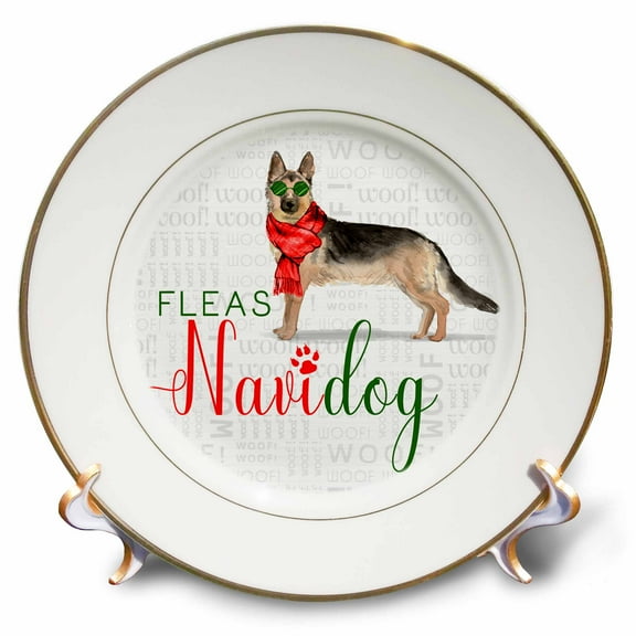 3dRose, A German Shepherd for Pet Lover Holiday with Fleas Navidog Typography, 8 inch Porcelain Plate