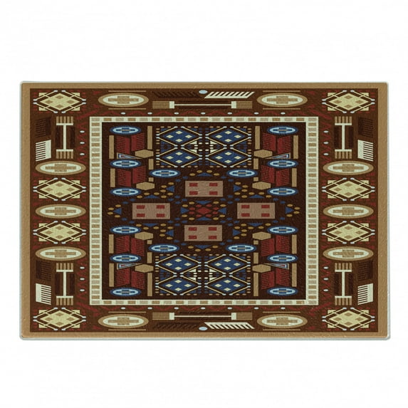 Afghan Cutting Board, Earthy Toned Middle Eastern Oriental Folklore Illustration of Shapes Composition, Decorative Tempered Glass Cutting and Serving Board, Small Size, Multicolor, by Ambesonne