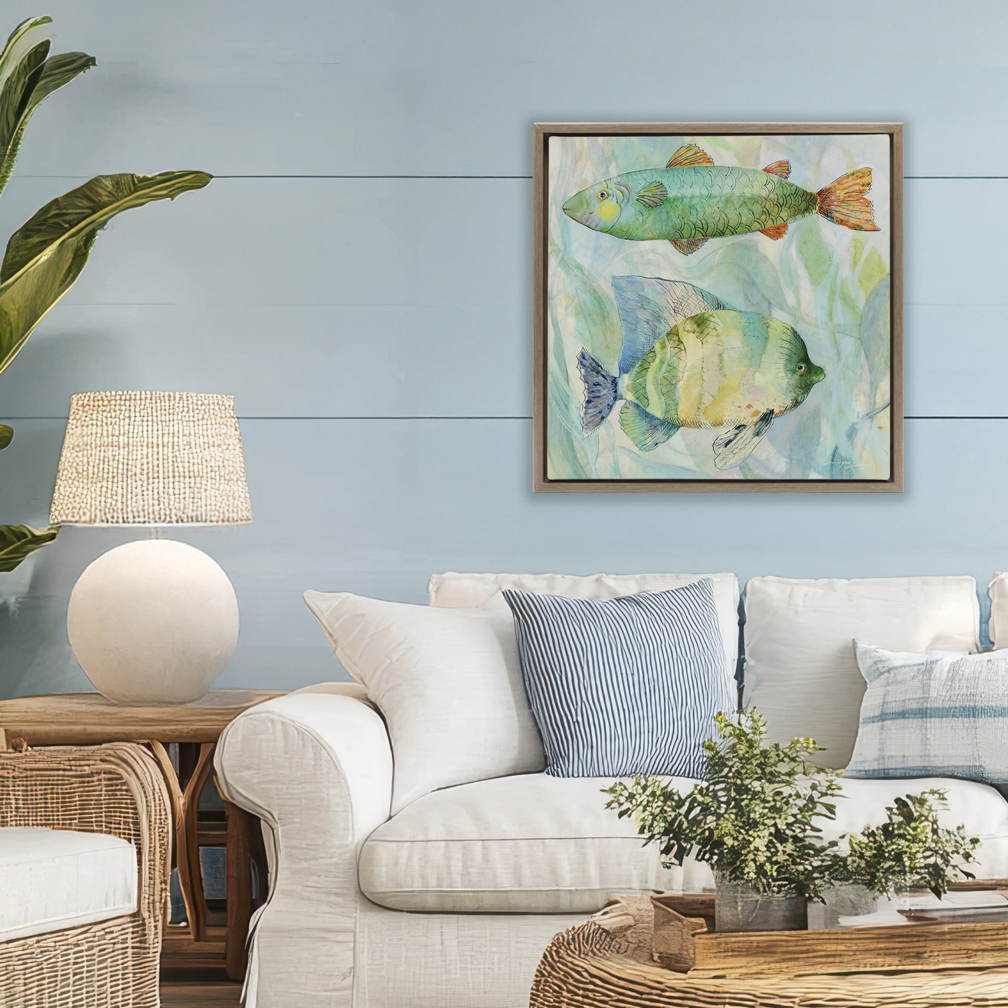 Stupell Industries Sweet Fish Duo Watercolor Brown Framed Floater Canvas Wall Art, design by Lorenzo Collective