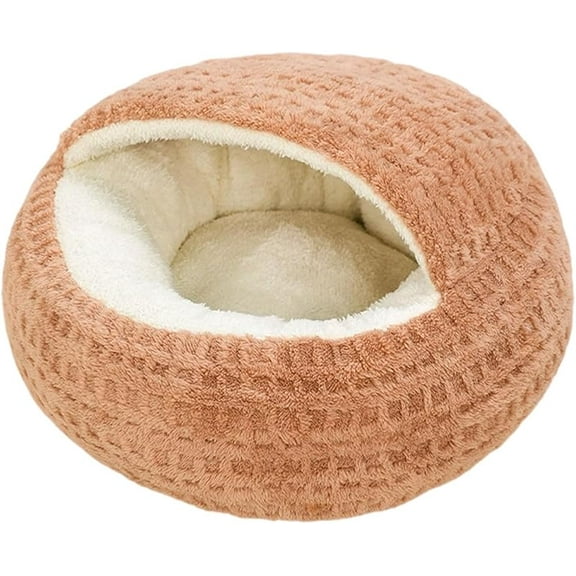 Hooded Semi Enclosed Shell Shaped Pet Nest, Plush Cat Bed Hooded, Plush Cat Bed, Cozy Warming Anti-Slip Small Dog Bed for Puppy and Kitten, Calming Sleeping, Machine Washable (Coffee, Large)