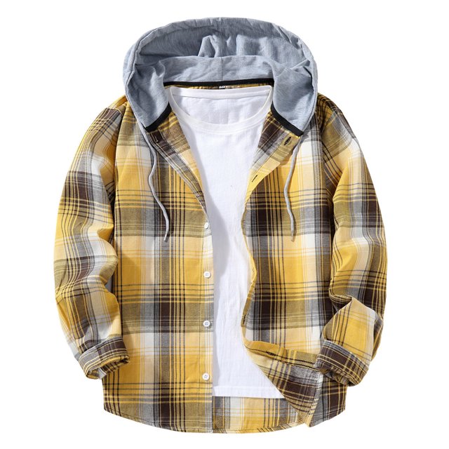 MHFRRA Camisa con Capucha A Cuadros, Chaqueta, Top Informal de Manga Larga, Ropa de Calle de Moda para Otoño, Jersey Cómodo Amarillo