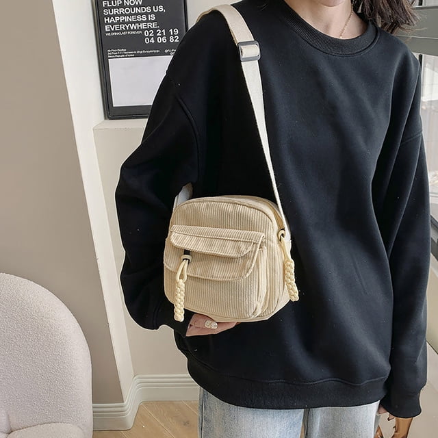Bolso Bandolera de Pana para Mujer con Cremallera, Moderno Bolso de Tela Informal de Color Liso con Estilo Universitario, Bandolera Pequeña de Un Solo Hombro.