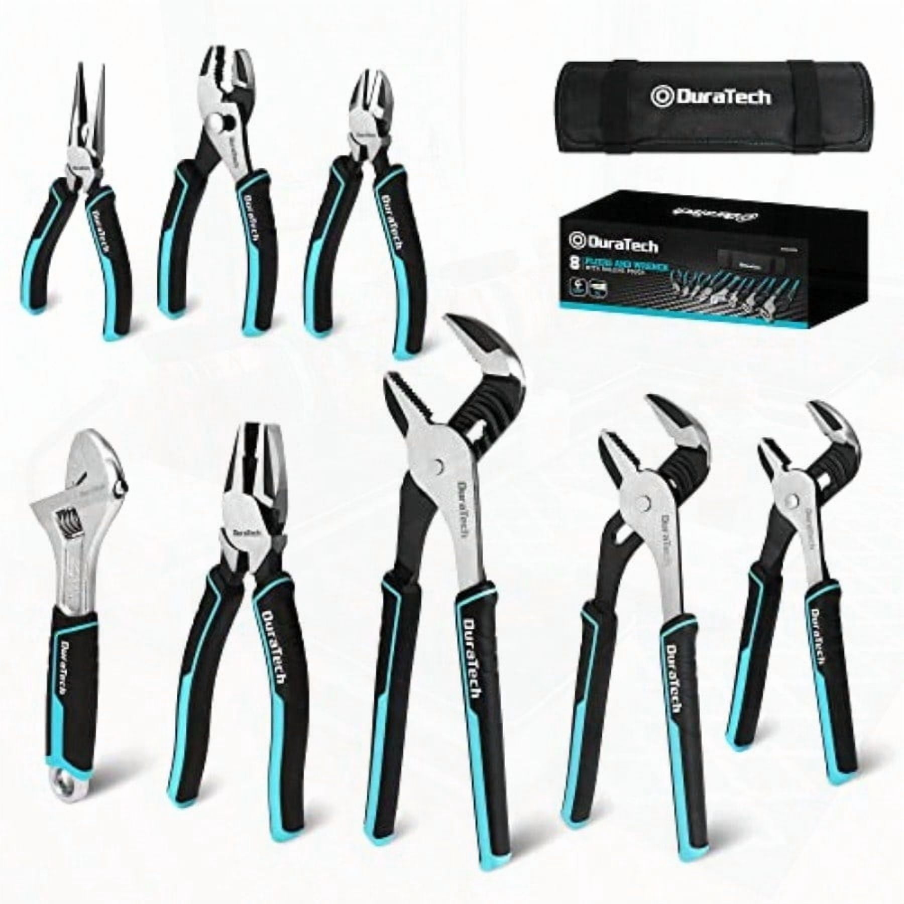 8Piece Pliers Set With Rolling Pouch Premium CrV CrNi Construction 12 10 8 Groove Joint Pliers 8 Adjustable Wrench 8 Linesman 6 Long Needle Nose 6 Slip Joint 6 Diagonal