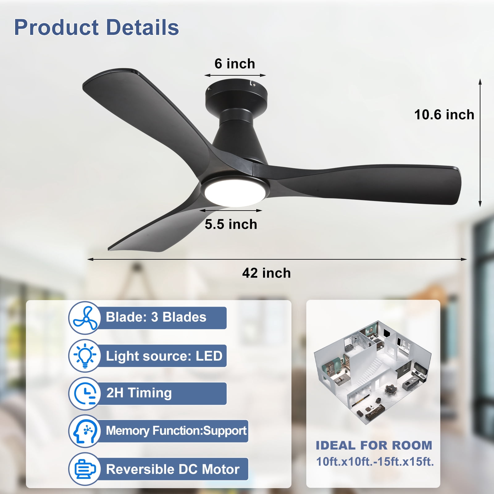 42-Inch Low Profile Flush Mount Ceiling Fan with Light - Black 3-Blade, Remote Control, Dimmable ＆ Timer, Ultra Quiet DC Motor, Hanging Fan for Indoor/Outdoor Use