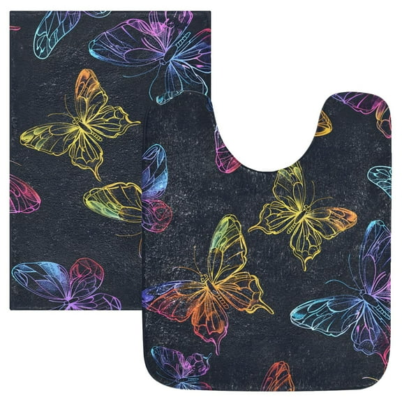 Toilet Rug Set Non-Slip Bathroom Rugs Soft Plush Machine Washable Contour Bath Mat Bright Butterflies Silhouette 24x20/24x16