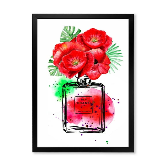 Designart 'Perfume Chanel Five With Red Flowers' Modern Framed Art Print