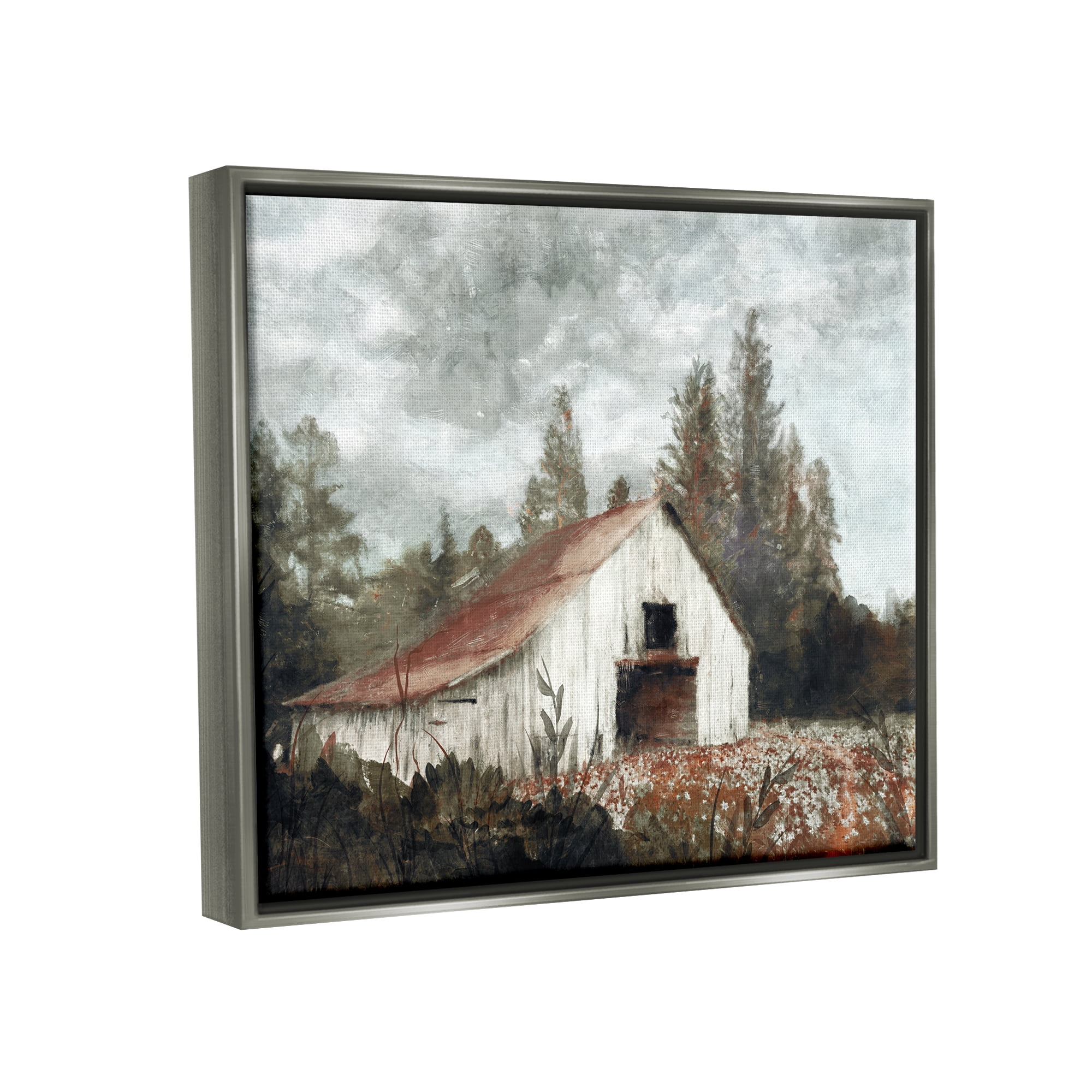 Stupell Industries Barn In Meadow Landscape Landscape Painting Gray Floater Framed Art Print Wall Art