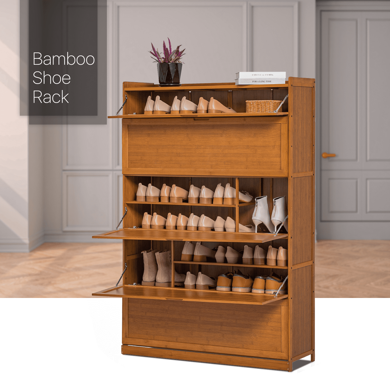 MoNiBloom Bamboo 9 Tier 27 Pair Shoe Organizer Storage Cabinet with Door, Brown, for Hallway Entryway, Size: 9 Shelves (Length 18.9)