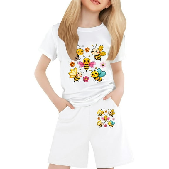 BJUTIR Girls 2 Piece Sets Round Neck Short Sleeved Printed T Shirt Shorts Outfits Stylish Clothes Suit Size 6-7 Years