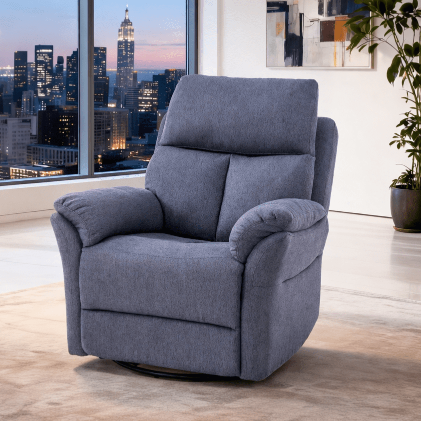 Gewnee 360° Swivel Glider Rocking Recliner Chair, Manual Adjustable Upholstered Fabric Recliner for Living Room and Home Theater, Blue Gray