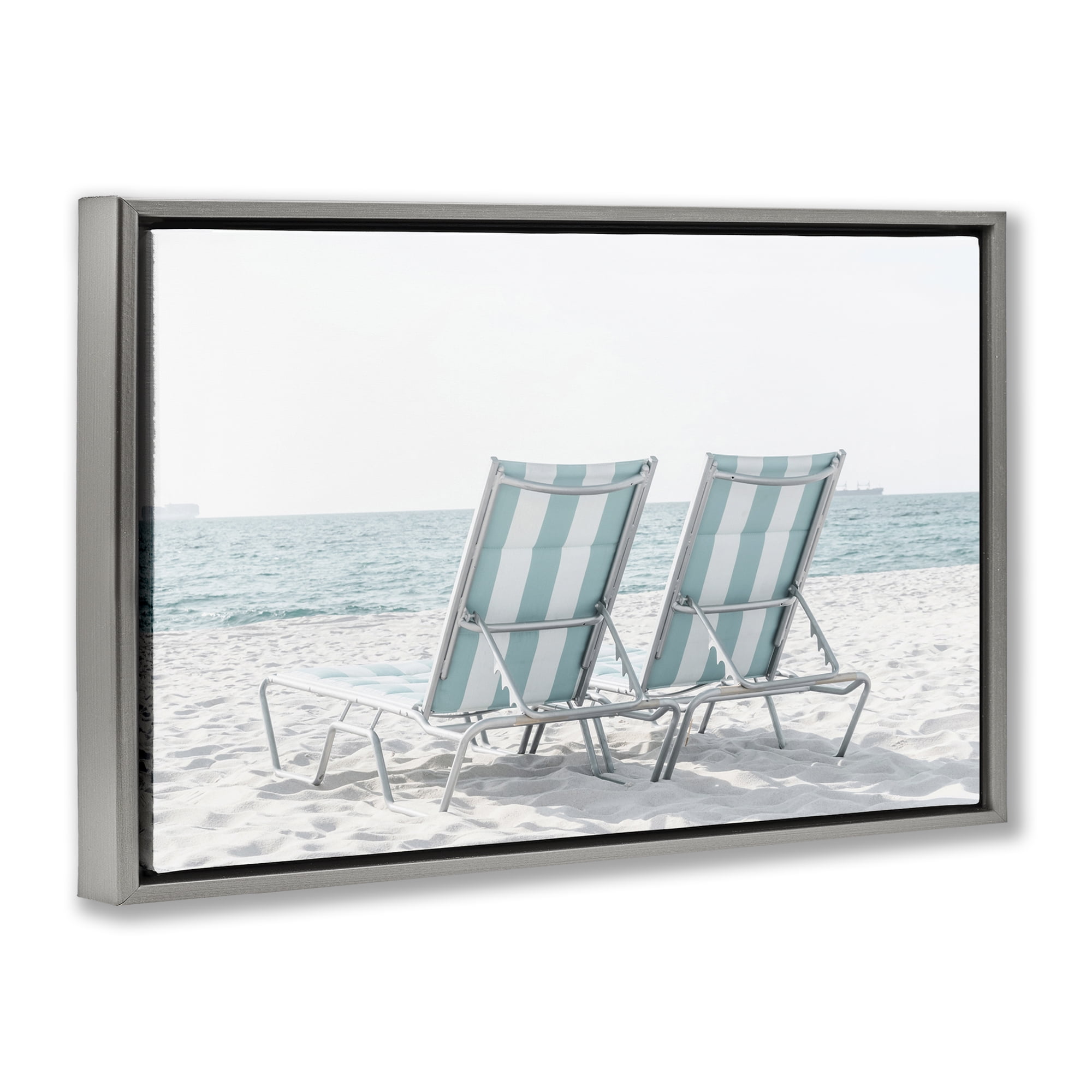 Stupell Industries Blue Beach Chairs Pair Nautical & Beach Photography Gray Floater Framed Canvas Art Print Wall Art, 31 x 21