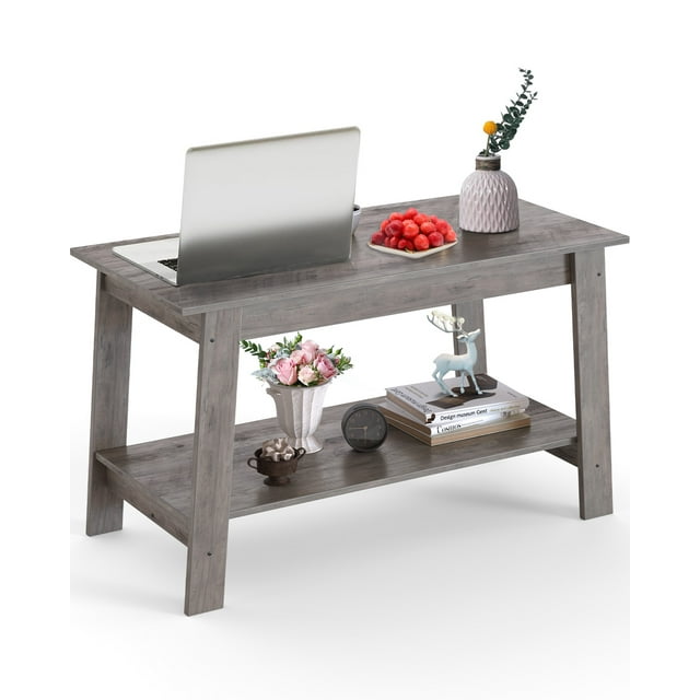 Ourlova 2-Tier Farmhouse Coffee Table with Storage Shelf, Rectangular Living Room Center Table Wood Coffee Table