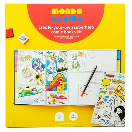 Create-Your-Own Superhero Comic Books Kit - Mondo Llama&trade;: DIY Art Kit for Designing Superhero Comics, Includes Markers & Stickers