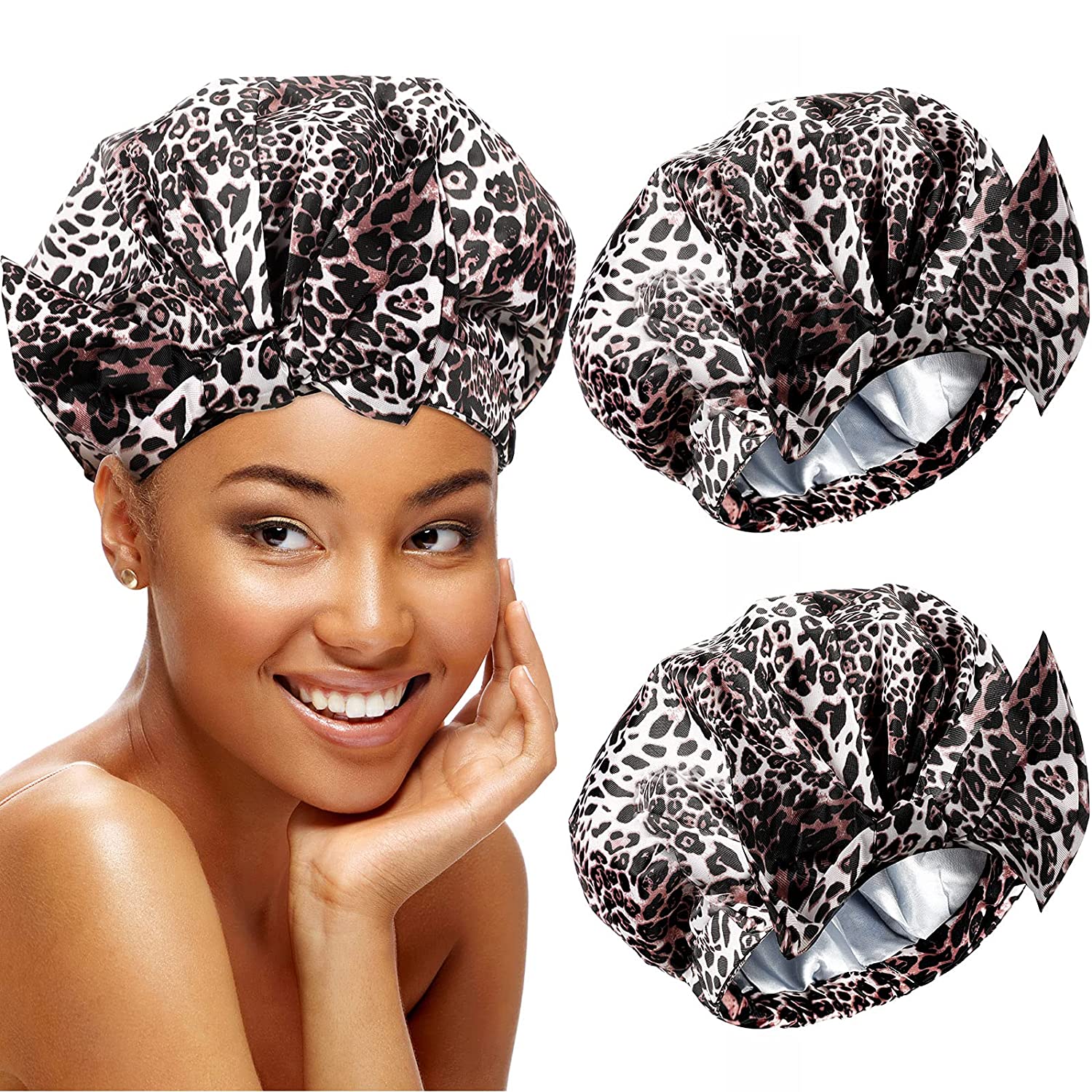 2 Pieces Adjustable Shower Caps Leopard 