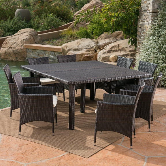 Luca Outdoor 9 Piece Wicker Square Dining Set, Multibrown, Beige