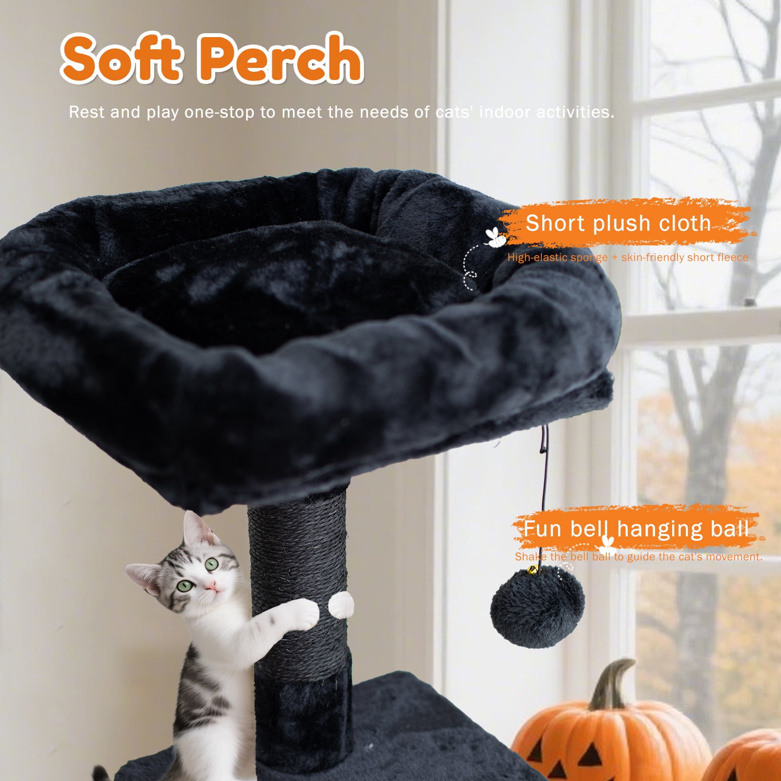 Senbonry 49in Gothic Cat Tree Tower for Indoor Cats with Scratching Posts, 9 Inchs Tunnel, Condo, Basket, Pompoms,Black