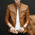 thumbnail image 2 of Chaqueta de cuero genuino de moda para hombre, de piel de oveja, con cuello corto, elegante chaqueta de cuero para motocicleta, abrigo para primavera y otoño, 2 of 3