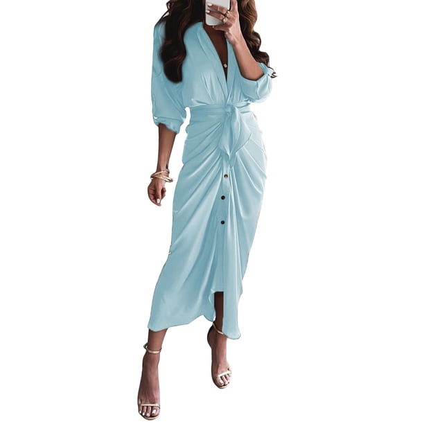 VISgogo Vestido Casual para Mujer, Color Sólido/Rayas/Contraste de Color Impreso Manga Larga Cuello en V Vestido Largo VISgogo moda
