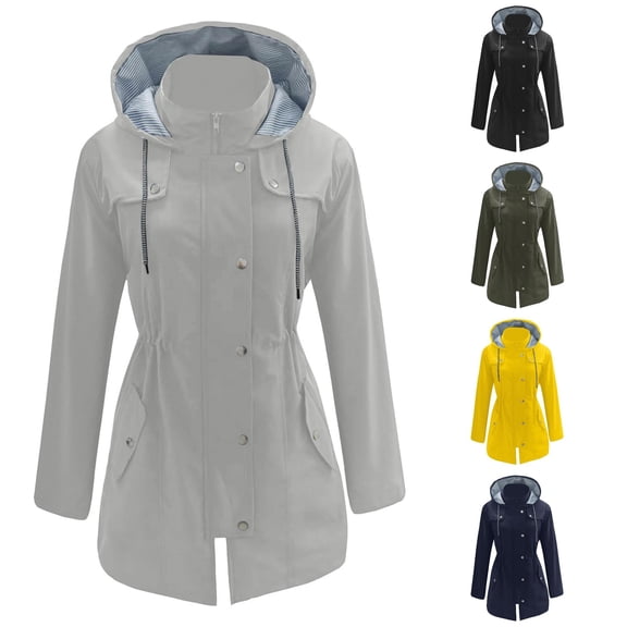 Jane Wardrobe Waterproof Trench Coat for Women, Drawstring Waist Hooded Windproof Jacket, Lightweight All-Weather Outerwear, 1 Piece, S-XXL, Plus Size Friendly