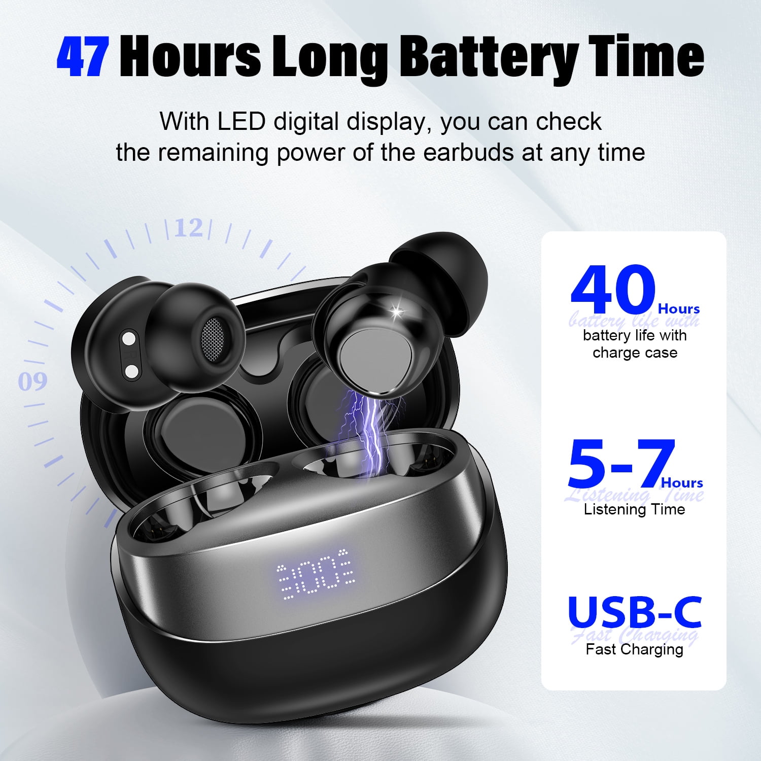 Sleep Earbuds, Noise Cancelling Wireless Ear buds for Side Sleepers, Bluetooth 5.4 in Ear Light-Weight Mini Headphones, 47H Playtime Clear Calls Earphones for Sleeping, Exercising, Working, Hiking