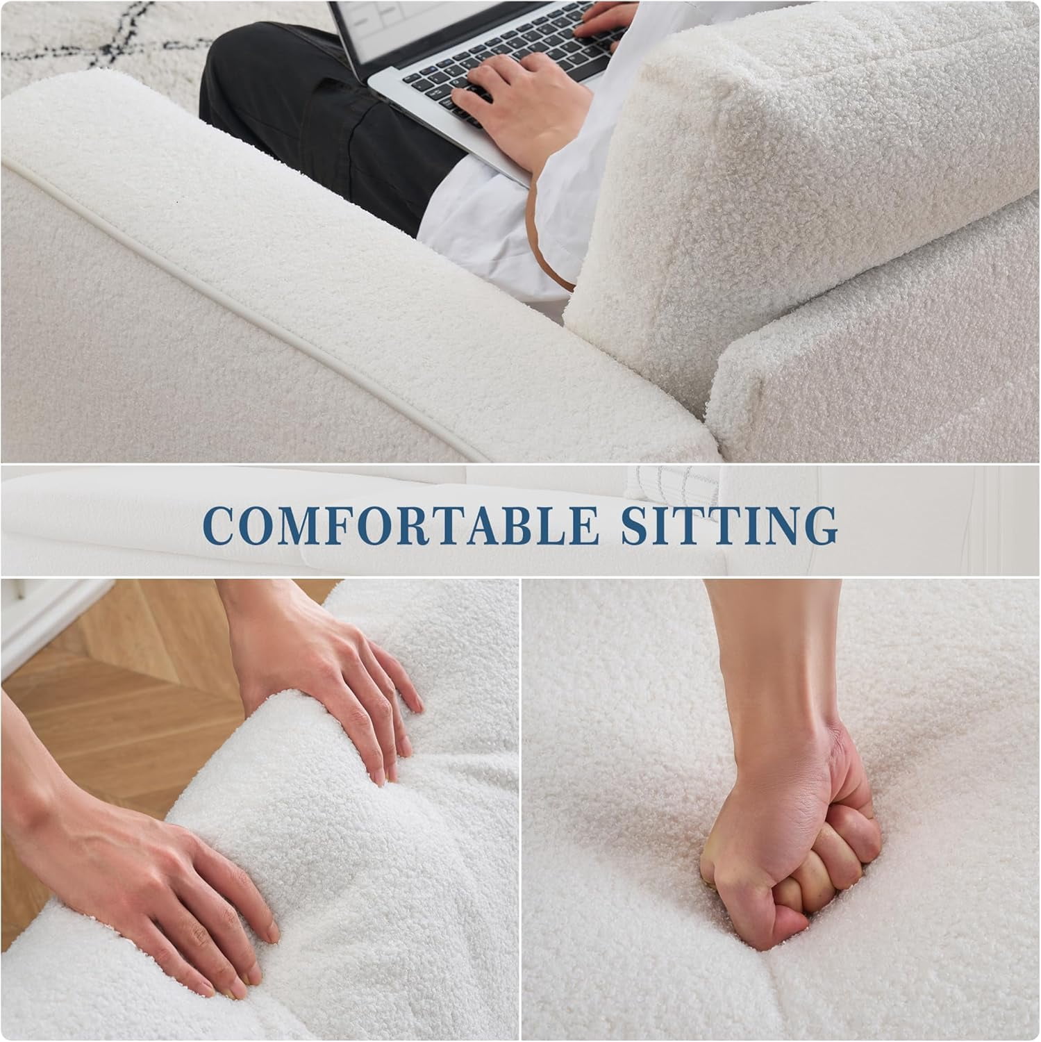 Garvee 84-Inch Bouclé Sofa Couch with Streamlined Armrests and Wood Feet, Modern 3-Seater Loveseat Sofa for Living Room, White