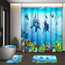 Underwater World Dolphin Shower Curtain Set with Toilet Lid Cover and Non-Slip Rugs, Tropical Fish 4 Pcs Shower Curtain Set with 12 Hooks, Ocean Kids Bathroom Set with Rugs and Accessories