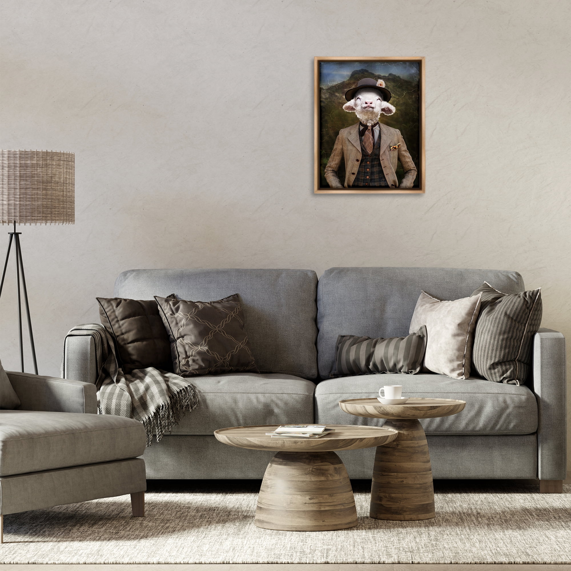 Stupell Industries Happy Classic Lamb Animals & Insects Painting Brown Floater Framed Canvas Art Print Wall Art, 17 x 21