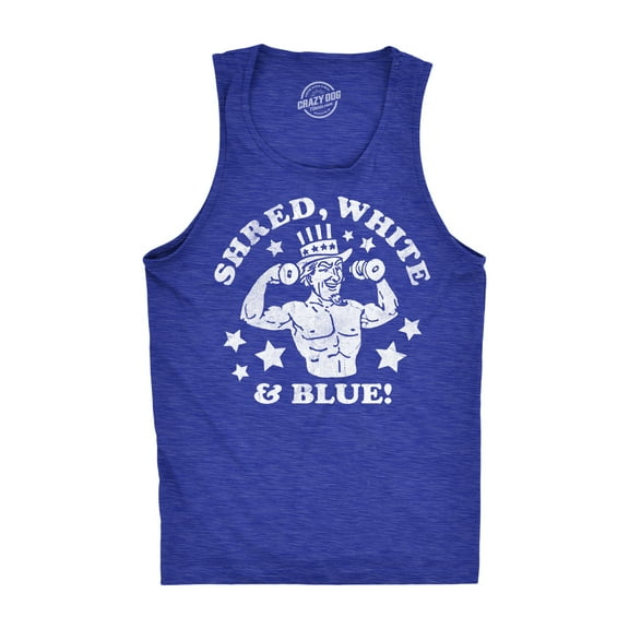 Mens Funny Fitness Tank Shred White and Blue Sarcastic Fourth Of July Graphic Novelty Sleeveless Tee for Men