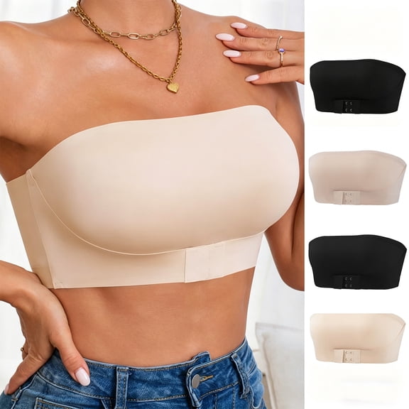 Strapless Bra for Women No Underwire, Front Closure Bandeau Bra, Seamless Invisible Tube Top, Anti-Slip Push Up Comfort Bra, 1-Pack