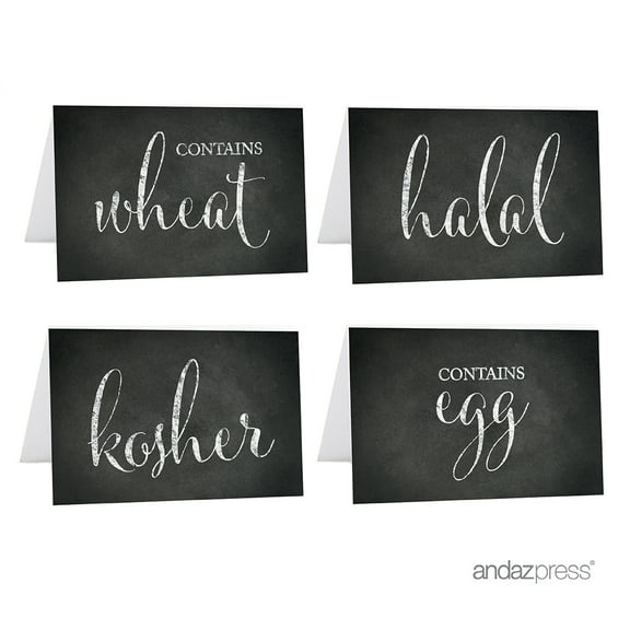 Kosher, Halal, Egg, Wheat Black Food Station Buffet Menu Place Cards, Vintage Chalkboard, 20-Pack