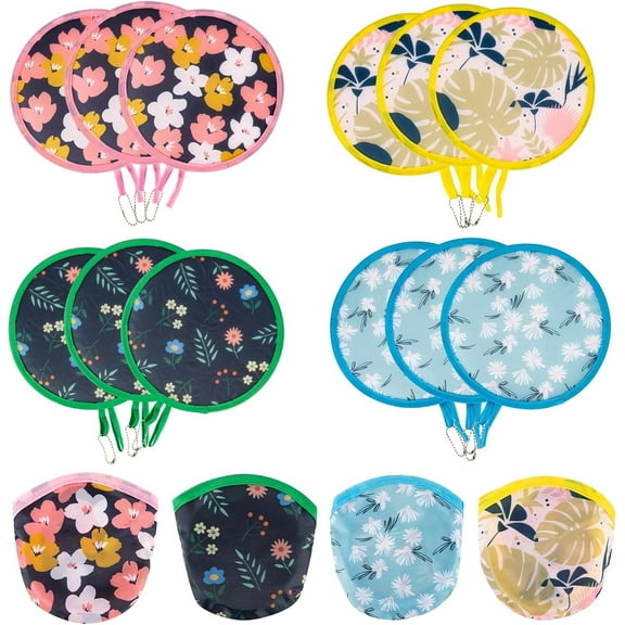 HNYG 12Pcs Floral Round Foldable Hand Fan, 4 Japanese Style Handheld Compact Cooling Fans, Portable Round Folding Fan for Outdoor Games, Summer, Festival, Party