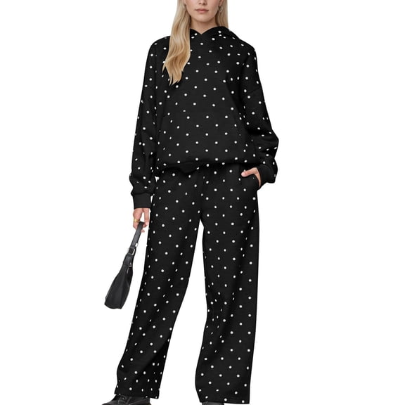 Women's 2 Piece Polka Dot Loungewear Set Oversized Long Sleeve Hoodie Drawstring Wide Leg Sweatpants Casual Outfits with Pockets, S