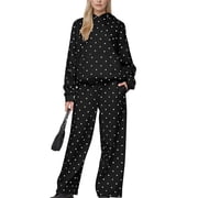 Women's 2 Piece Polka Dot Loungewear Set Oversized Long Sleeve Hoodie Drawstring Wide Leg Sweatpants Casual Outfits with Pockets, S