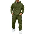 thumbnail image 2 of yuCgh Men's Fleece-Lined Thermal Two-Piece Tracksuit Set, Solid Color Hoodie with Cargo Joggers and Elastic Waist for Casual Outdoor Activities,Army Green L, 2 of 9