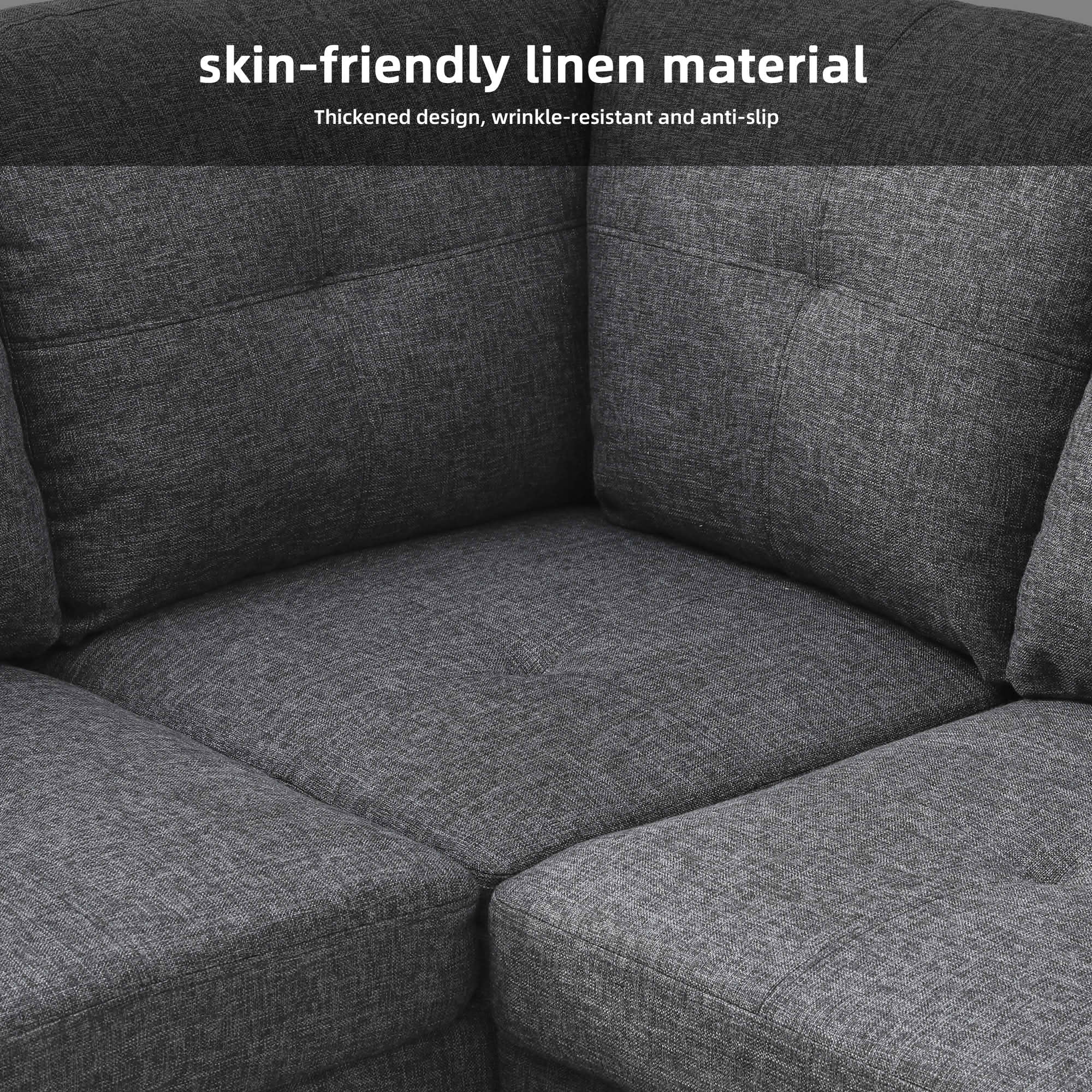 MAYEERTY 103.5" Black Gray Flannel & Faux Leather L-Shaped Sectional Sofa, 3 Piece Tufted Corner Couch with Storage Ottoman Solid Wood Frame