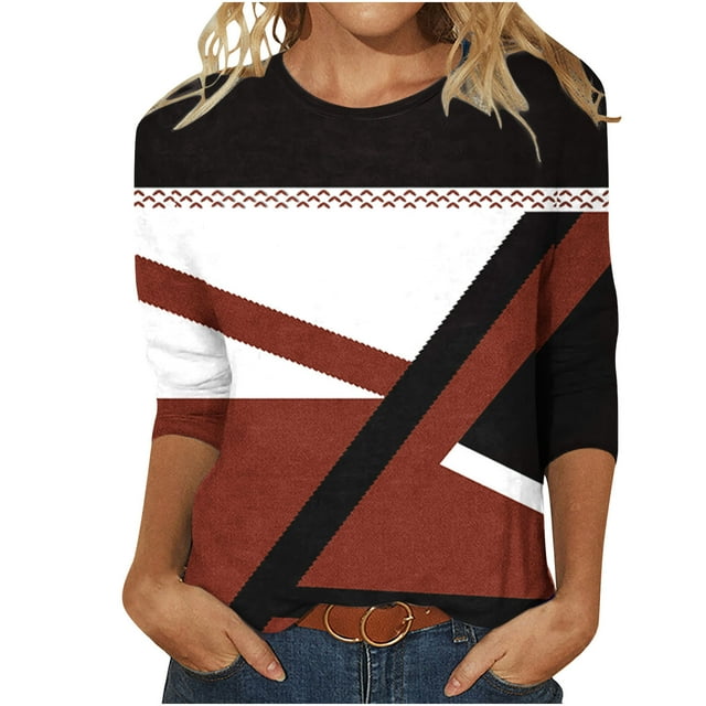 FAIWAD Womens 3/4 Sleeve Tops Round Neck Spring Trendy Tunic Tops Color Block Loose Pullover Tops