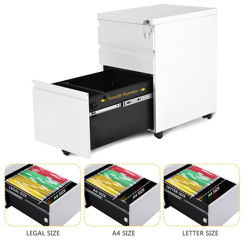 Home Office Sliding Rail Drawers File Storage Steel Movable File Cabinet with Keys & Casters